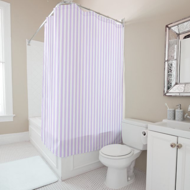 Lilac purple and white candy stripes shower curtain (In Situ)