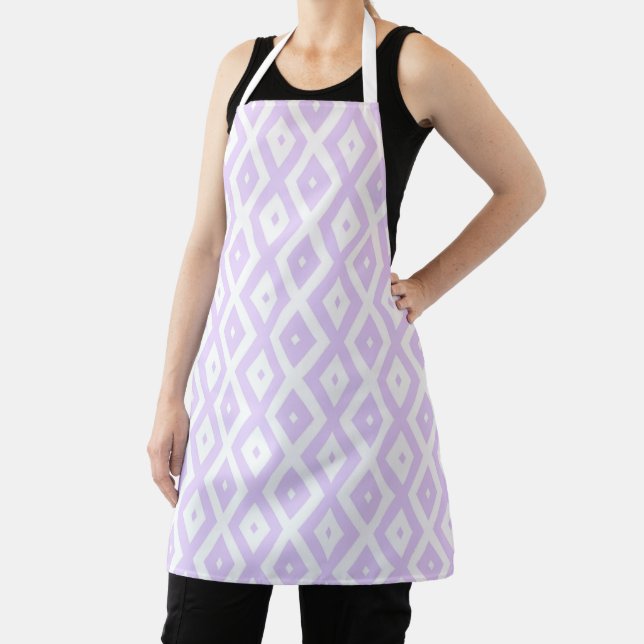 Lilac purple and white diamond pattern apron (Insitu)