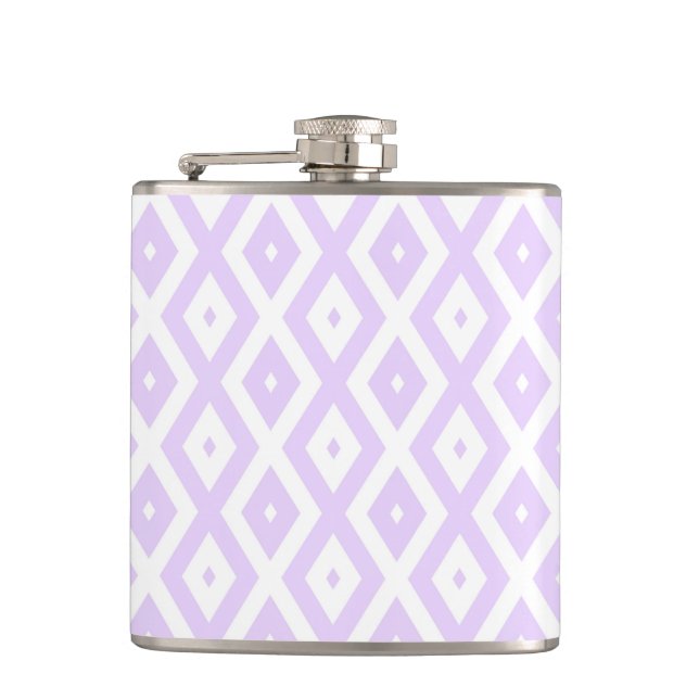 Lilac purple and white diamond pattern hip flask (Front)