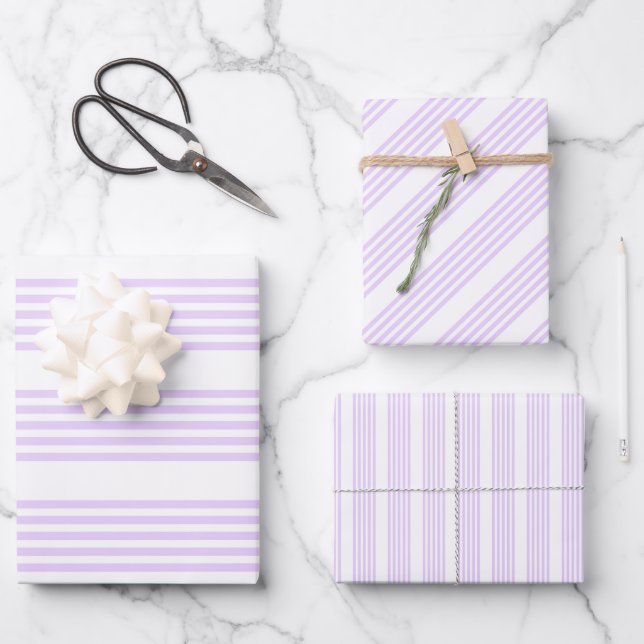 Lilac purple and white five stripes pattern wrapping paper sheet (Front)