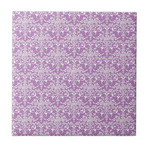 Lilac Purple and White Floral Damask Pattern Tile