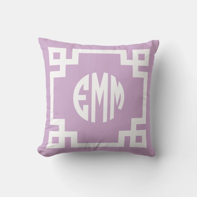 Lilac Purple and White Greek Key Circle Monogram Cushion (Front)