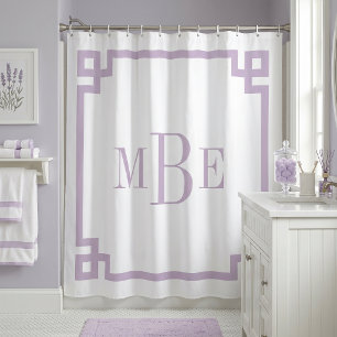 Lilac Purple and White Greek Key Monogrammed Shower Curtain