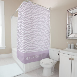 Lilac Purple and White Greek Key Name Monogram Shower Curtain