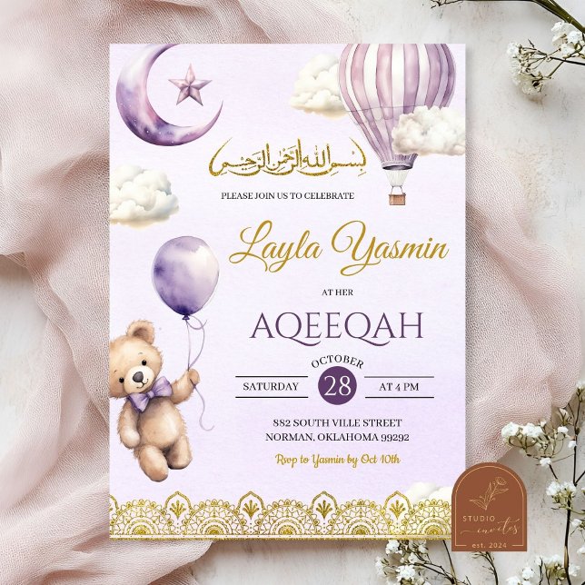 Lilac Purple Aqeeqah Muslim Birthday Girl Invitation (Creator Uploaded)