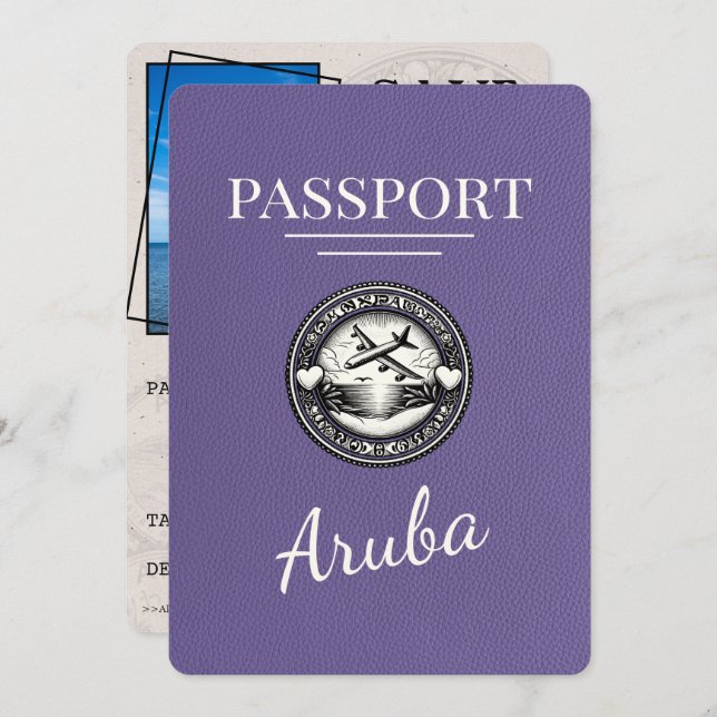 Lilac Purple Aruba Passport Save The Date (Front/Back)