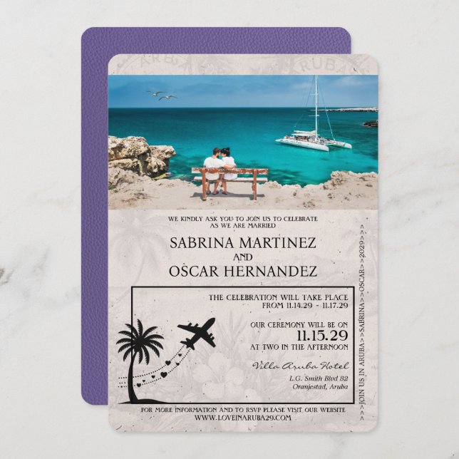 Lilac Purple Aruba Passport Wedding Invitation (Front/Back)