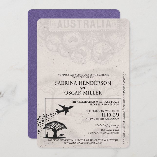 Lilac Purple Australia Passport Wedding Invitation (Front/Back)