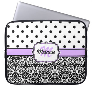 Lilac Purple Black Monogrammed Damask Polka Dot Laptop Sleeve
