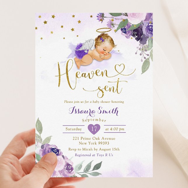 Lilac Purple Blonde Baby Heaven Sent Baby Shower Invitation (Creator Uploaded)