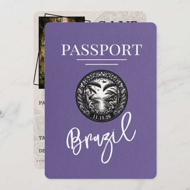 Lilac Purple Brazil Passport Save The Date (Front/Back)