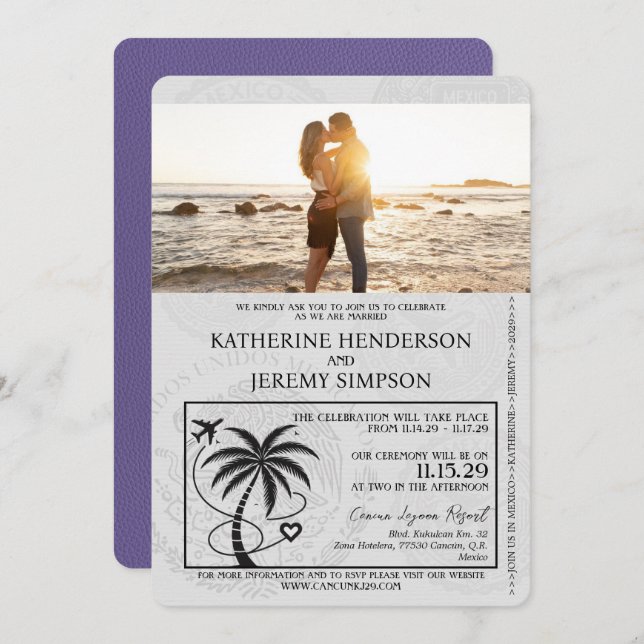 Lilac Purple Cancun Passport Wedding Invitation (Front/Back)