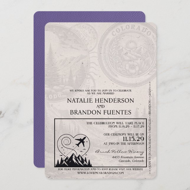 Lilac Purple Colorado Passport Wedding Invitation (Front/Back)