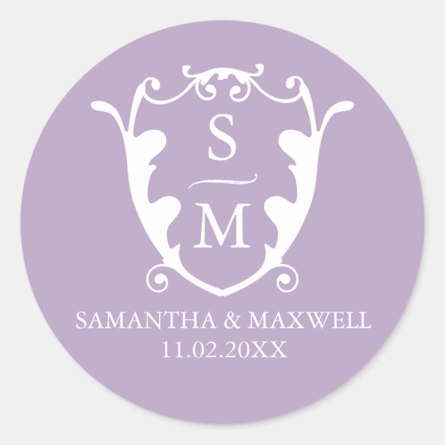 Lilac Purple Crest Monogram Wedding Stickers (Front)