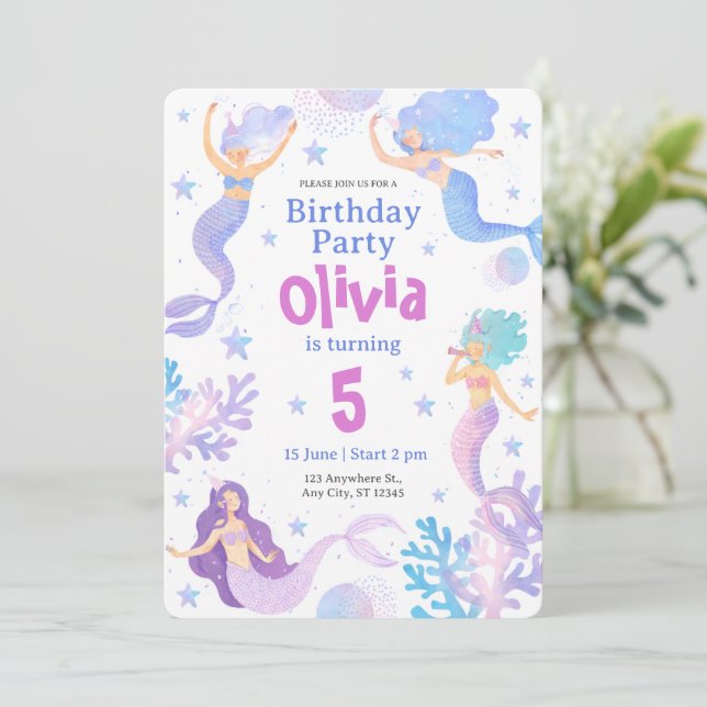 Lilac Purple Cute Sea Mermaid Birthday Party  Invitation (Standing Front)