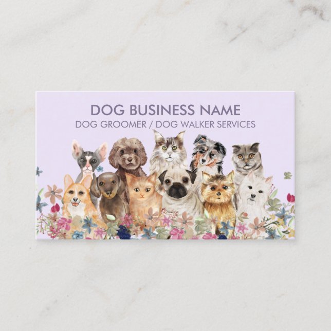 Lilac Purple Dogs Cats Business Card (Front)
