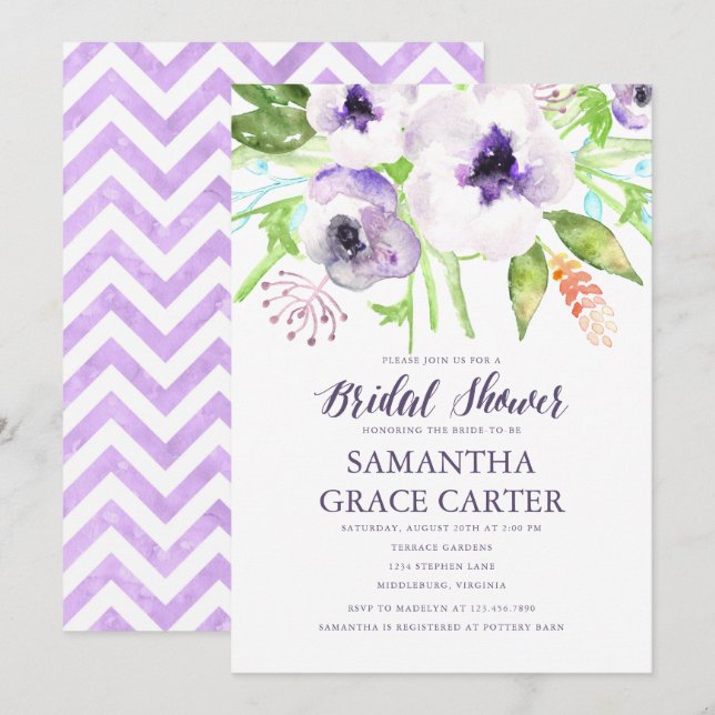 Lilac Purple Floral Bridal Shower  Invitation (Front/Back)