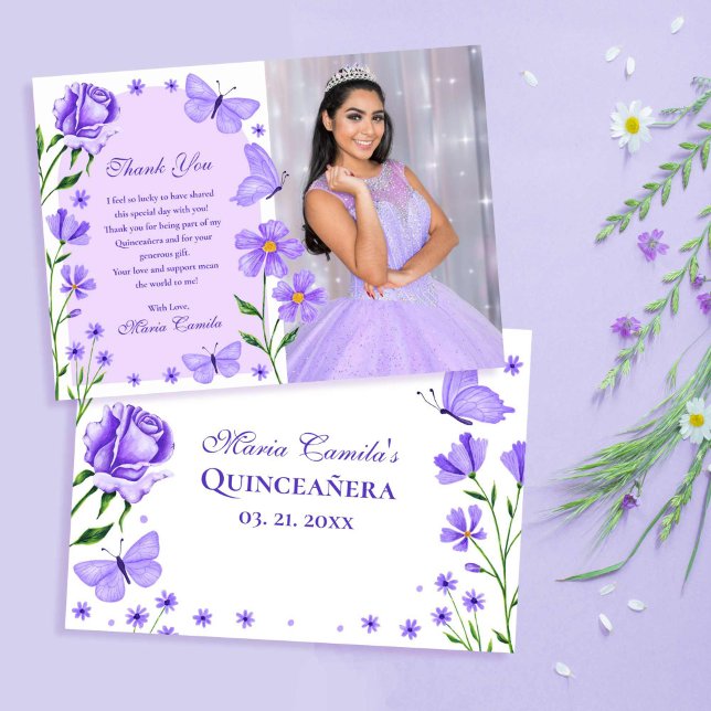 Lilac Purple Floral Butterflies Photo Quinceañera Thank You Card (Lilac Purple Floral Butterflies Photo Quinceañera Thank You Card)