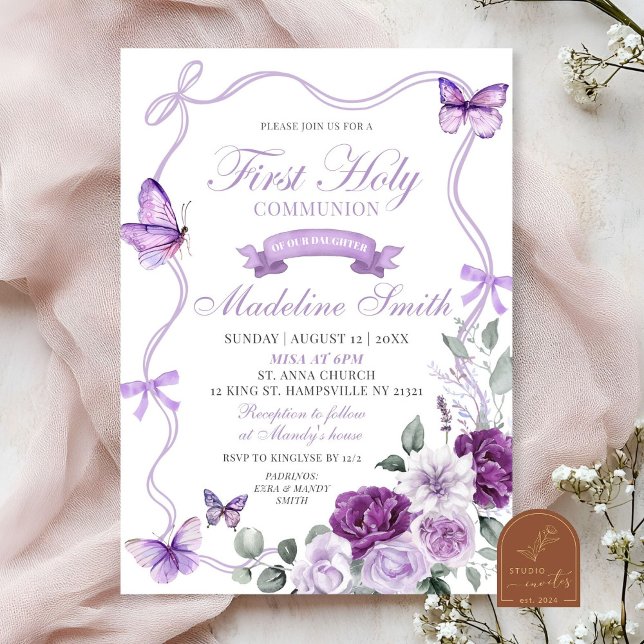 Lilac Purple Floral Butterfly First Holy Communion Invitation (Creator Uploaded)