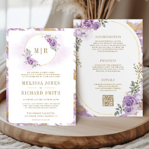 Lilac Purple Floral Gold Marble All in One Wedding Invitation