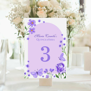 Lilac Purple Floral Mis Quince Años Quinceañera Table Number