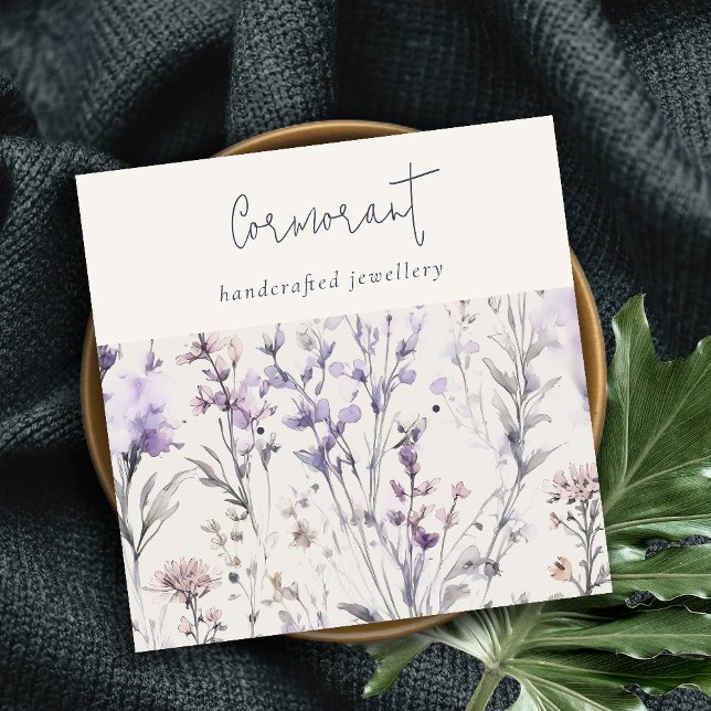Lilac Purple Floral Script Earring Stud Holder Square Business Card (Creator Uploaded)
