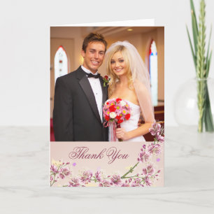Lilac purple flowers wedding photo thank you card