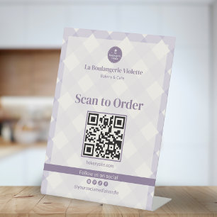 Lilac Purple Gingham Bakery QR Scan to Order  Pedestal Sign