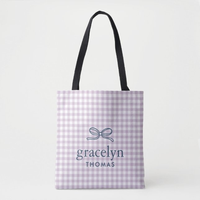 Lilac Purple Gingham Bow Monogram Tote Bag (Front)