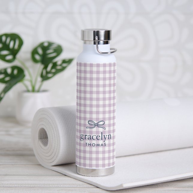 Lilac Purple Gingham Bow Monogram Water Bottle (Yoga (Rotated))
