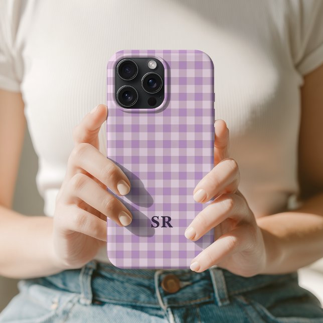 Lilac Purple Gingham Monogram Teacher Custom Mum iPhone Case (Minimalist Pastel Violet Checkered Custom Monogram Gift for Student Teacher Nurse Lawyer Graduation)