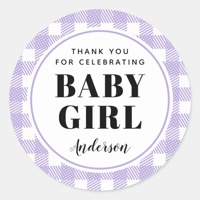 Lilac Purple Gingham Plaid Thank You Baby Girl Classic Round Sticker (Front)