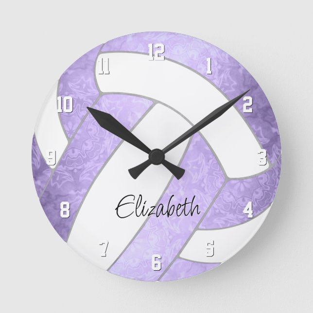 lilac purple girly volleyball decor round clock (Front)