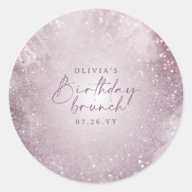 Lilac purple glitter elegant birthday brunch chic classic round sticker (Front)