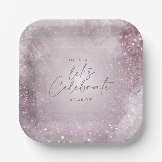 Lilac purple glitter elegant birthday party decor paper plate (Front)