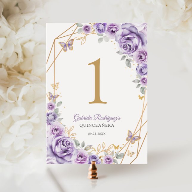 Lilac Purple Gold Floral Quinceanera Table Number (Creator Uploaded)