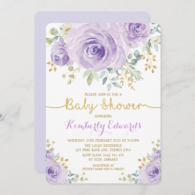 Lilac Purple Gold Floral Roses Girl Baby Shower Invitation (Front/Back)
