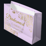 Lilac Purple & Gold Lace Elegant Bridesmaid Large Gift Bag<br><div class="desc">This beautiful gift bag is designed as a wedding gift or favour bag for Bridesmaids. It features an elegant lilac purple or lavender and gold design with golden lace frills in the corners the text "Bridesmaid" as well as a place to enter her name, the couple's name, and the wedding...</div>