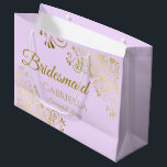 Lilac Purple & Gold Lace Elegant Bridesmaid Large Gift Bag<br><div class="desc">This beautiful gift bag is designed as a wedding gift or favour bag for Bridesmaids. It features an elegant lilac purple or lavender and gold design with golden lace frills in the corners the text "Bridesmaid" as well as a place to enter her name, the couple's name, and the wedding...</div>