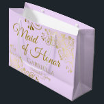 Lilac Purple Gold Lace Maid of Honour Chic Wedding Large Gift Bag<br><div class="desc">This beautiful gift bag is designed as a wedding gift or favour bag for the Maid of Honour. It features a beautiful lilac purple coloured background with golden faux foil lace curls and swirls in the corners. The gold script lettering reads "Maid of Honour" with a place to enter her...</div>