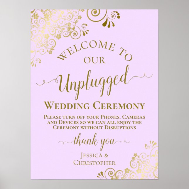 Lilac Purple & Gold Unplugged Wedding Ceremony Poster (Front)