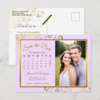 Lilac Purple Gold Wedding Save Date Calendar Photo