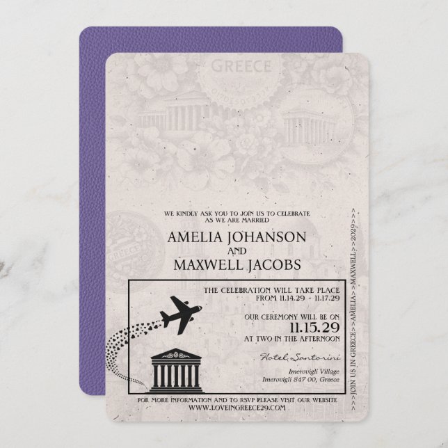 Lilac Purple Greece Passport Wedding Invitation (Front/Back)