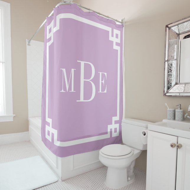 Lilac Purple Greek Key Border Monogram Shower Curtain (In Situ)
