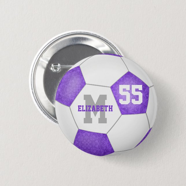 lilac purple grey girly soccer personalised 6 cm round badge (Front & Back)