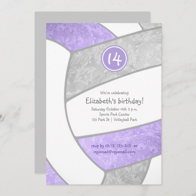 lilac purple grey girly volleyball birthday invitation (Front/Back)