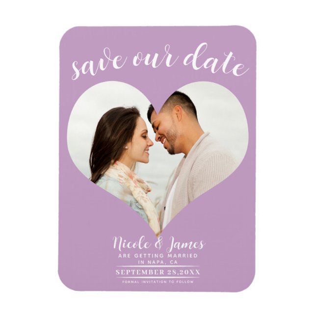 Lilac Purple Heart Photo Wedding Save the Date Magnet (Vertical)