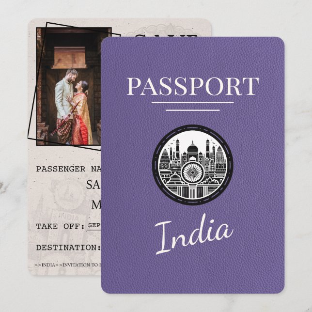 Lilac Purple India Passport Save The Date (Front/Back)