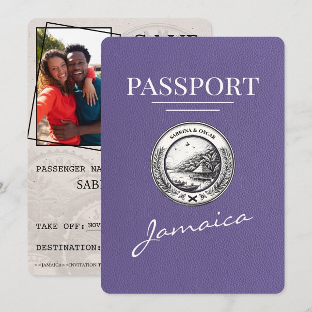 Lilac Purple Jamaica Passport Save The Date (Front/Back)