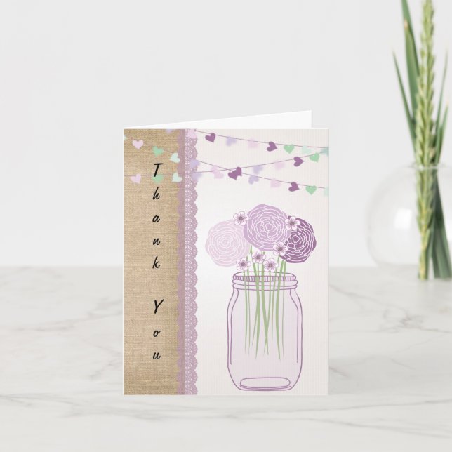 Lilac Purple Mason Jar Burlap Lace Thank You Card (Front)